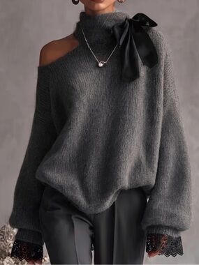 Dark Grey High Neck Open Shoulder Women's Sweater With Bowknot Lace Patc